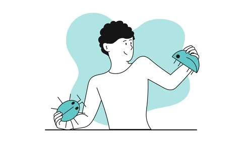 Man found a bug in the code vector concept illustration. Male application t.. 스톡 일러스트