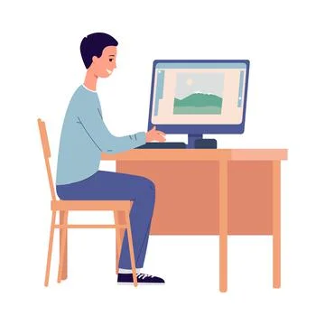 Man frames photos on a computer for printing, flat vector illustration isolated. Illustrazione stock