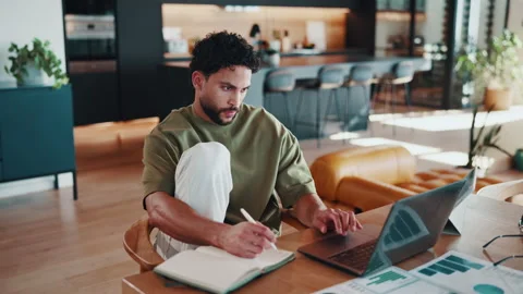 Man, freelance or writing notes with laptop for social media marketing, analysis Stock Footage 344268868