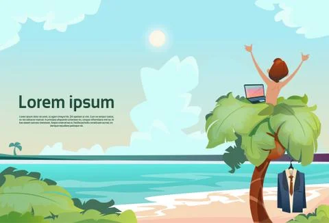 Man Freelance Remote Working Place Palm Tree Using Laptop Beach Summer Vacation Stock Illustration