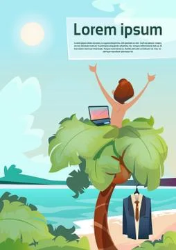 Man Freelance Remote Working Place Palm Tree Using Laptop Beach Summer Vacation Stock Illustration