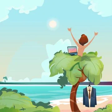 Man Freelance Remote Working Place Palm Tree Using Laptop Beach Summer Vacation Stock Illustration