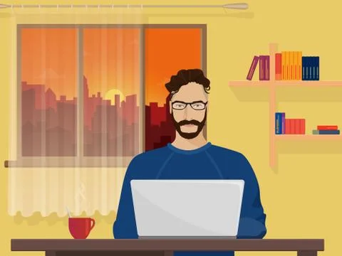 Man Freelancer designer hipster is working coding and programming on his laptop Stock-Illustration