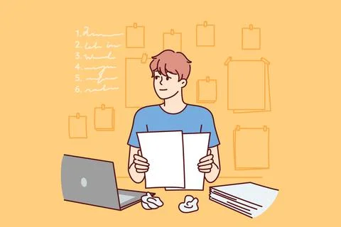 Man freelancer is doing paperwork, sitting at office table with laptop and Stock Illustration