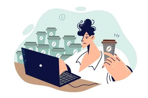 Man freelancer drinks coffee sitting at laptop and abusing caffeine, negative Stock Illustration