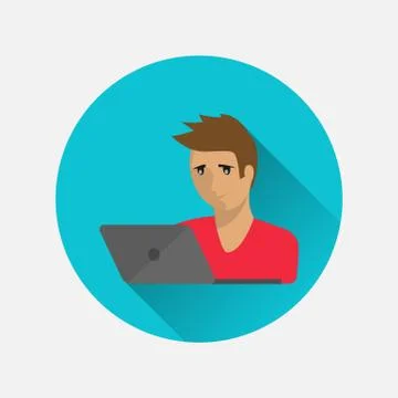 Man freelancer runs a computer icon isolated in a flat style on a white Stock Illustration