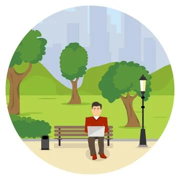 Man freelancer sits on the bench with a laptop. Man freelancer sits Stock-Illustration