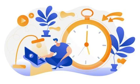 Man freelancer sitting behind a large clock. Deadline concept. Illustrazione stock