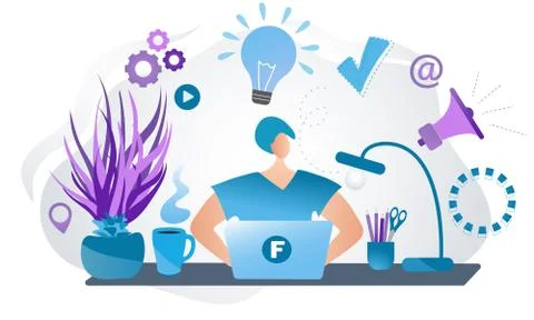 Man freelancer sitting behind the table and working on his laptop. Illustrazione stock