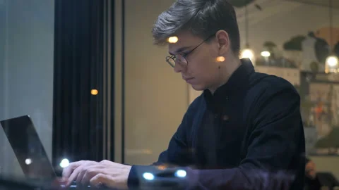 Man freelancer student using laptop studying online working internet millennial Stock Footage 127510132