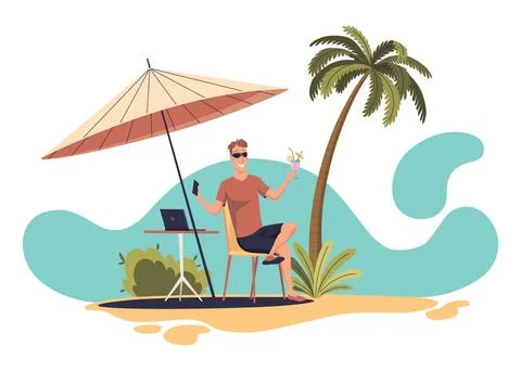 Man Freelancer in Summer on Beach under Palm Tree with cocktail and notebook Stock Illustration