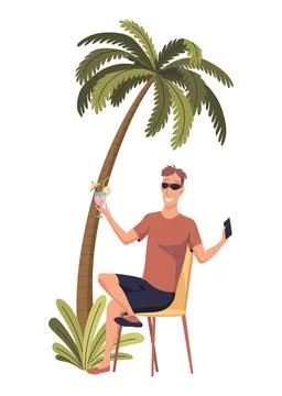 Man Freelancer in Summer on Beach under Palm Tree with cocktail and notebook Illustrazione stock