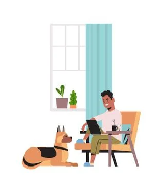 Man freelancer using laptop working at home during coronavirus quarantine self Stock Illustration