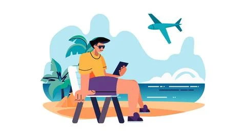 Man freelancer using smartphone on tropical beach summer vacation holiday time Stock Illustration
