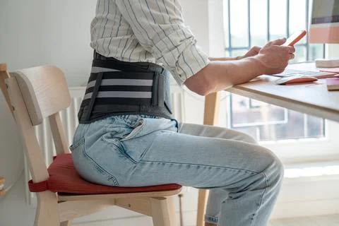 Man freelancer wearing back support belt working remotely from home Stock-Fotos