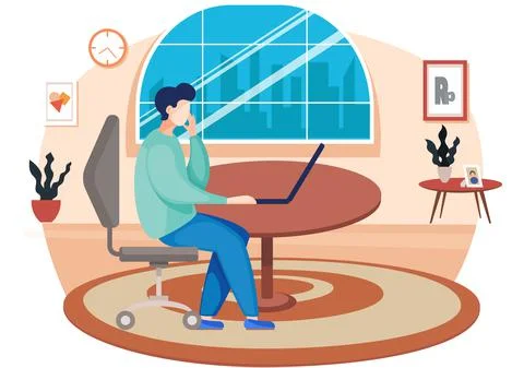 A man freelancer is working on the computer at home. Communicating process or Stock Illustration