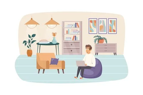 Man freelancer working at laptop, sitting in bag chair at home office scene.  Stock Illustration