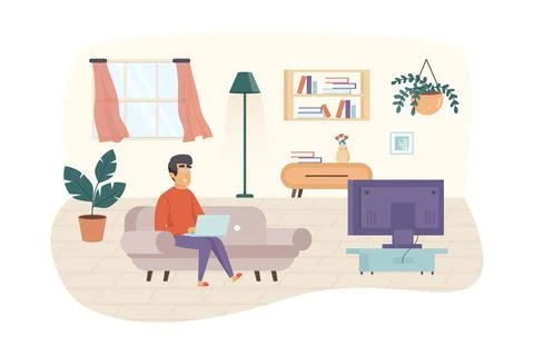 Man freelancer working at laptop, sitting on sofa in living room scene. Freel Stock Illustration