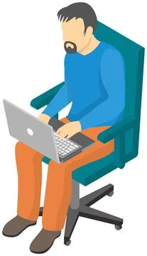 Man freelancer working or studying at laptop. Remote worker, student sits with Stock Illustration