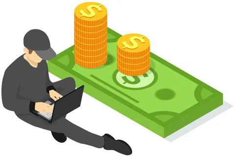 Man freelancer working or studying at laptop sitting near stack of dollars money Illustrazione stock