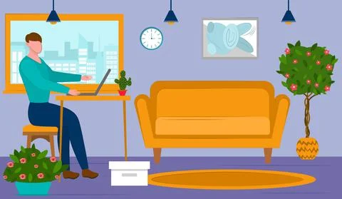 Man freelancer works at home using a computer. 스톡 일러스트