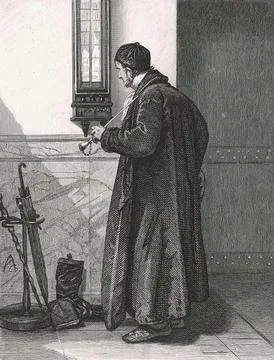 Man in front of a Barometer Weather Forecast 1850 Historic digitally restored Stock Illustration