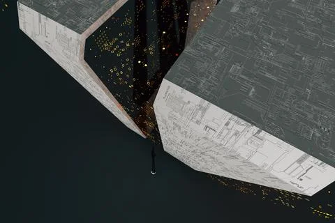 Man in front of a data manager cube Foto stock