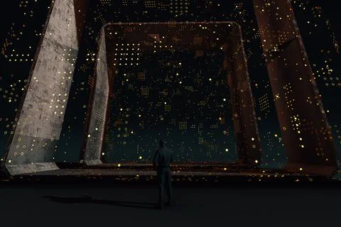 Man in front of a data manager cube Foto stock