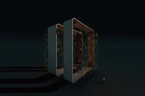 Man in front of a data manager cube Foto stock