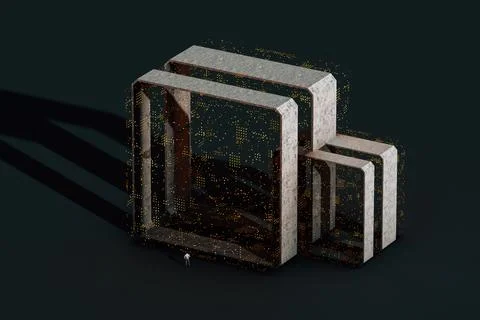 Man in front of a data manager cube Foto stock