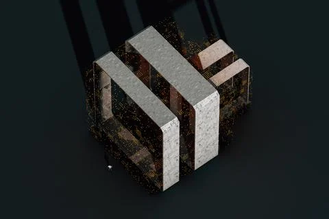 Man in front of a data manager cube Foto stock