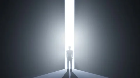 Man in front of the door which opens to heaven world of light Stock Footage 247436060