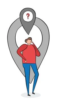 The man is in front of the map pointer and thinks where he is. Vector illustr イラスト素材