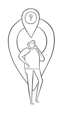 The man is in front of the map pointer and thinks where he is. Vector illustr Stock Illustration