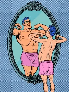 A man in front of a mirror imagines himself muscular Stock Illustration