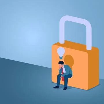 A man in front of a padlock and a light bulb flashing above his head, an il.. Stock Illustration