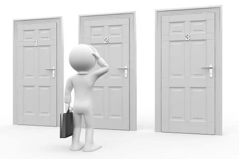 Man in front of three doors, doubtful Stock Illustration