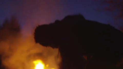 A Man Furiously Digging a Hole in Front of a Blazing Fire in the Darkness Stock Footage 208780207