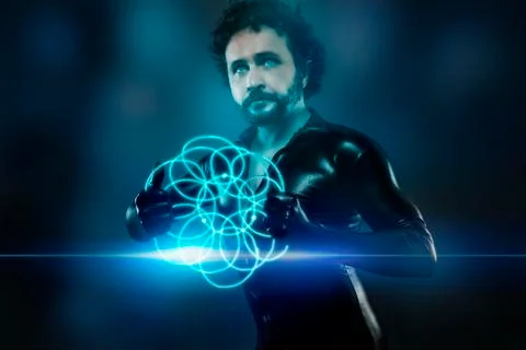 Man of the future with black latex suit and blue neon lights Stock Illustration