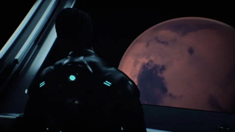 Man in a future space suit walking in a space ship towards a window with Ma.. Stock-Footage 240366528