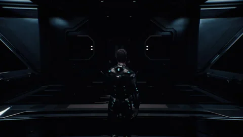 Man in a future space suit walking in a space ship towards a big metal door Stock-Footage 240371039