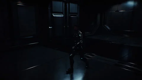 Man in a future space suit walking in a space ship Stock-Footage 240373868