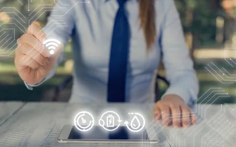 Man In Futuristic Infographics Interface Elements On Blurred Using Free Wi Fi Stock Photos