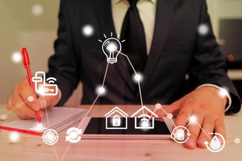 Man In Futuristic Infographics Interface Elements On Blurred Using Free Wi Fi Foto stock