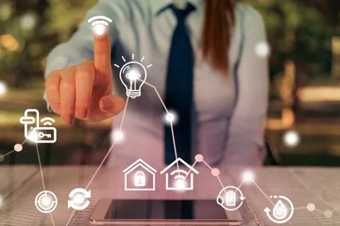 Man In Futuristic Infographics Interface Elements On Blurred Using Free Wi Fi Foto stock