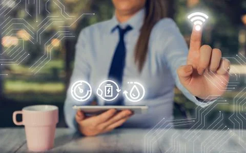 Man In Futuristic Infographics Interface Elements On Blurred Using Free Wi Fi Stock Photos