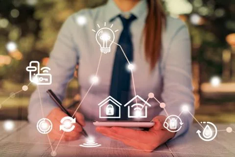 Man In Futuristic Infographics Interface Elements On Blurred Using Free Wi Fi Foto stock