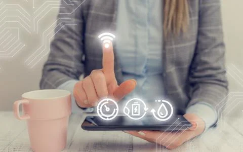 Man In Futuristic Infographics Interface Elements On Blurred Using Free Wi Fi Stock Photos