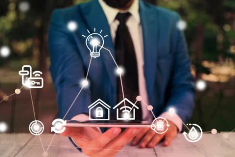 Man In Futuristic Infographics Interface Elements On Blurred Using Free Wi Fi Foto stock