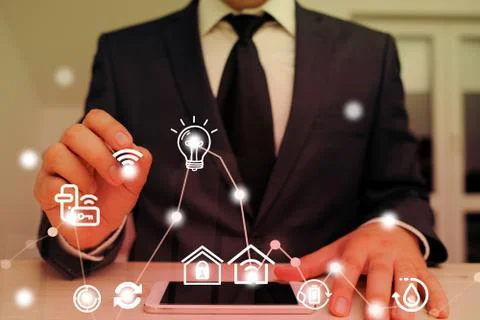 Man In Futuristic Infographics Interface Elements On Blurred Using Free Wi Fi Stock Photos